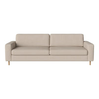 Beige fabric sofa with a minimalist design and smooth lines, featuring natural wood legs for a modern touch.