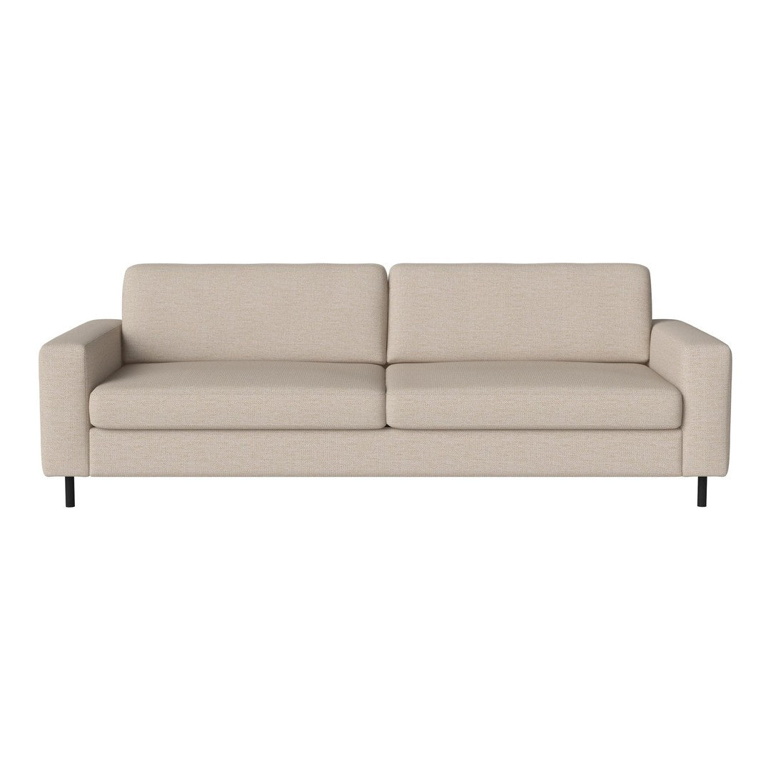 Beige fabric sofa with a minimalistic design, featuring smooth lines and no distinct patterns. Ideal for modern decor.