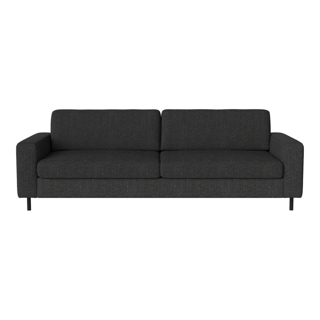 Modern gray sofa with a minimalist design and subtle texture, featuring a sleek black metal frame.