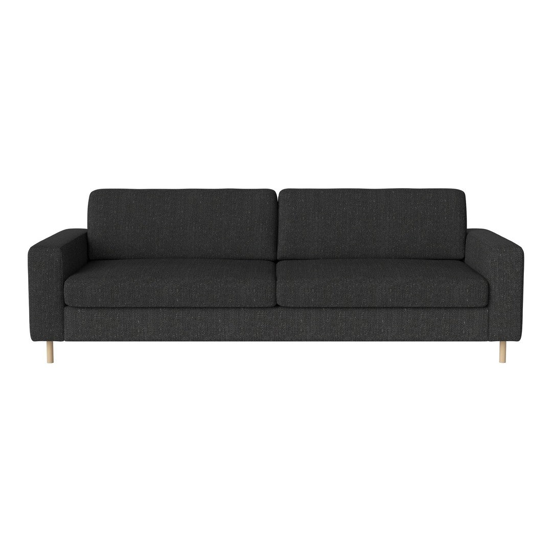 Stylish gray couch with a textured fabric and clean lines, featuring light wooden legs for a modern touch.