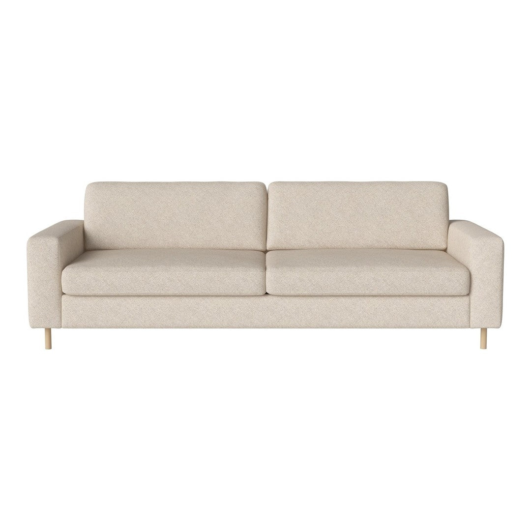Light beige sofa with a subtle textured pattern and sleek wooden legs, perfect for modern decor.