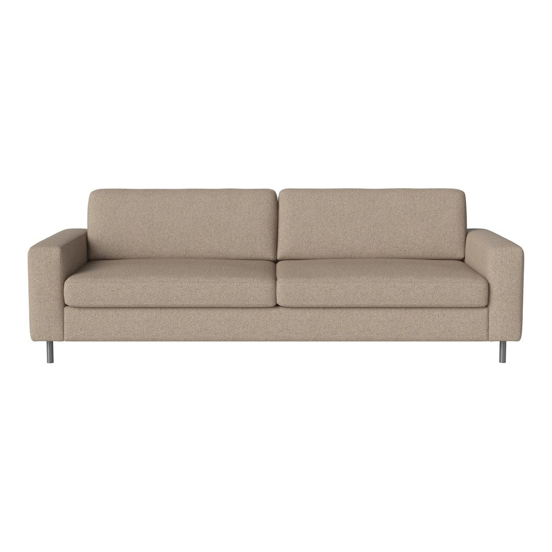 Beige fabric sofa with a smooth texture and minimalist design, featuring clean lines and no visible patterns.