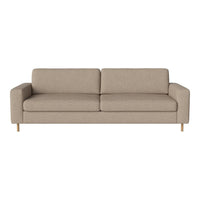 Beige upholstered sofa with a simple, modern design and light wooden legs. Perfect for minimalist decor.