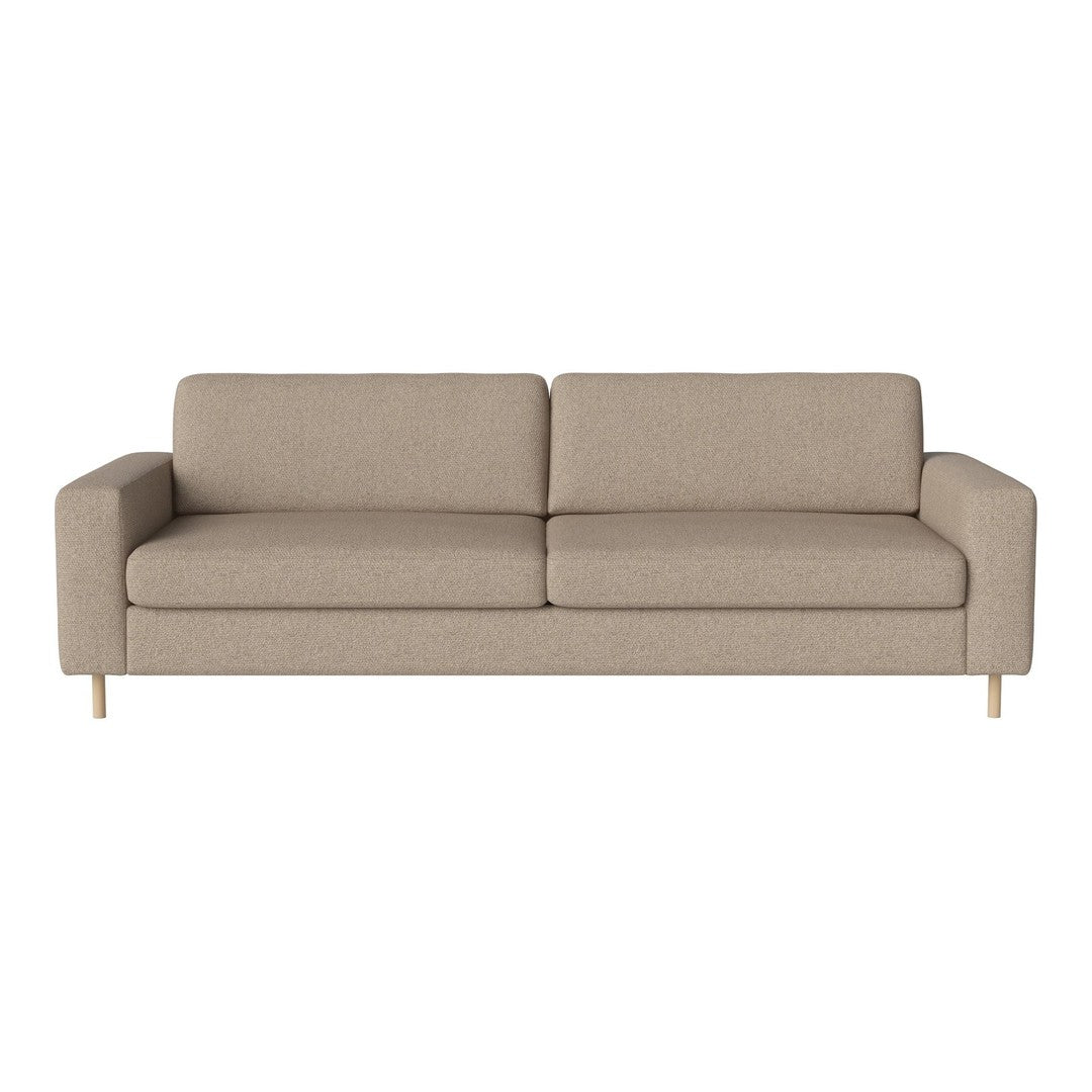Beige sofa with a simple, modern design and light wooden legs, featuring a textured fabric finish.