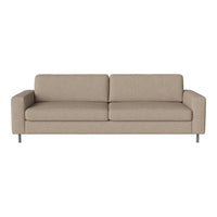 Light beige sofa with a modern design and clean lines, featuring a solid fabric pattern and stainless steel legs.