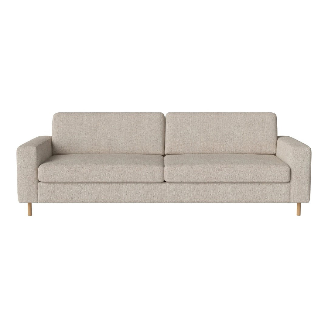 Light beige fabric sofa with minimalist design and wooden legs. Perfect for modern, neutral-toned interiors.