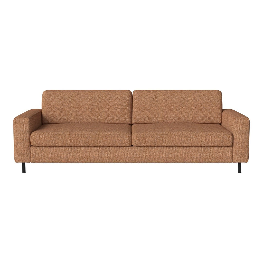 Brown textured fabric sofa with clean lines and modern design, featuring a minimalist silhouette and sturdy black legs.
