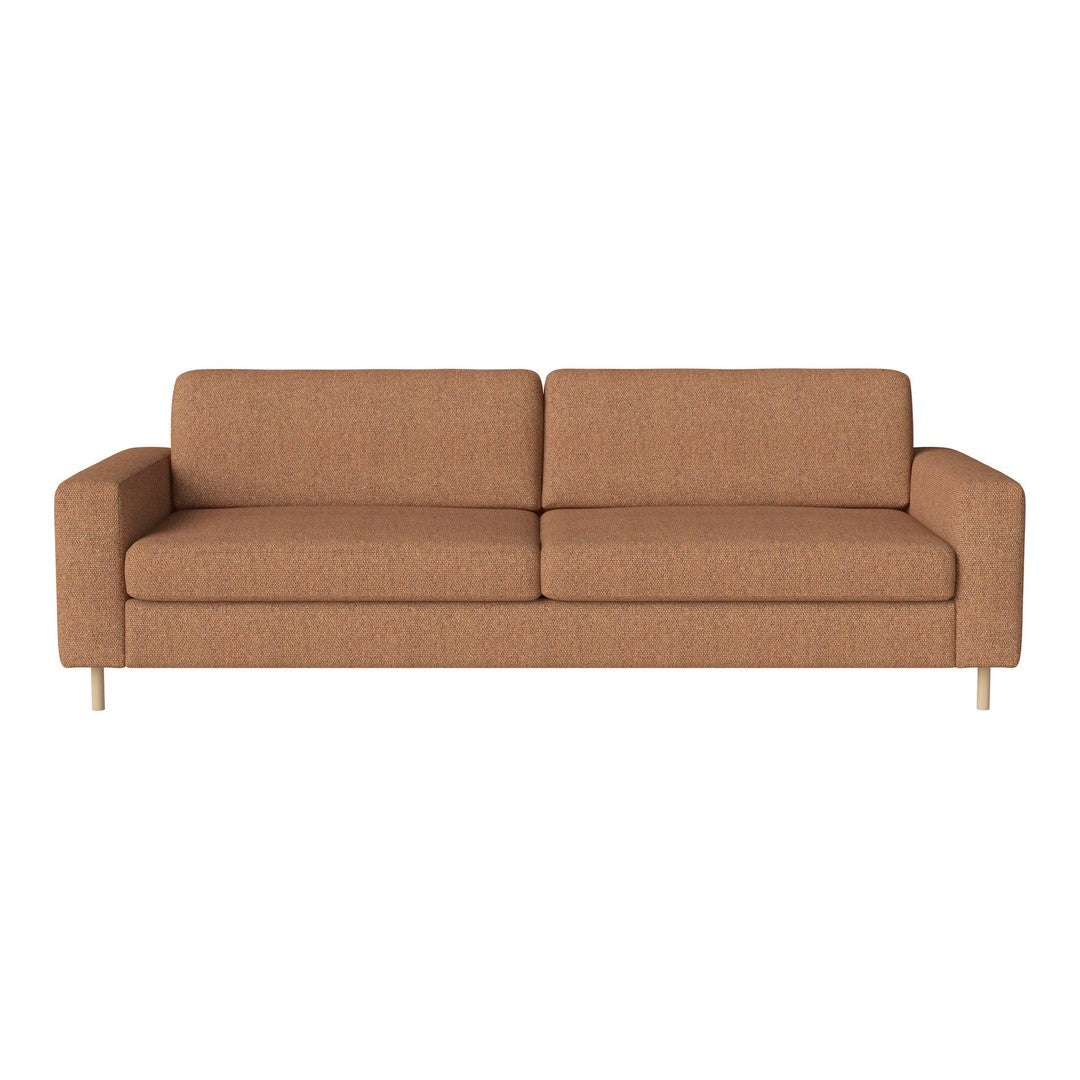 Modern brown fabric sofa with clean lines and a subtle textured pattern, featuring light wooden legs.