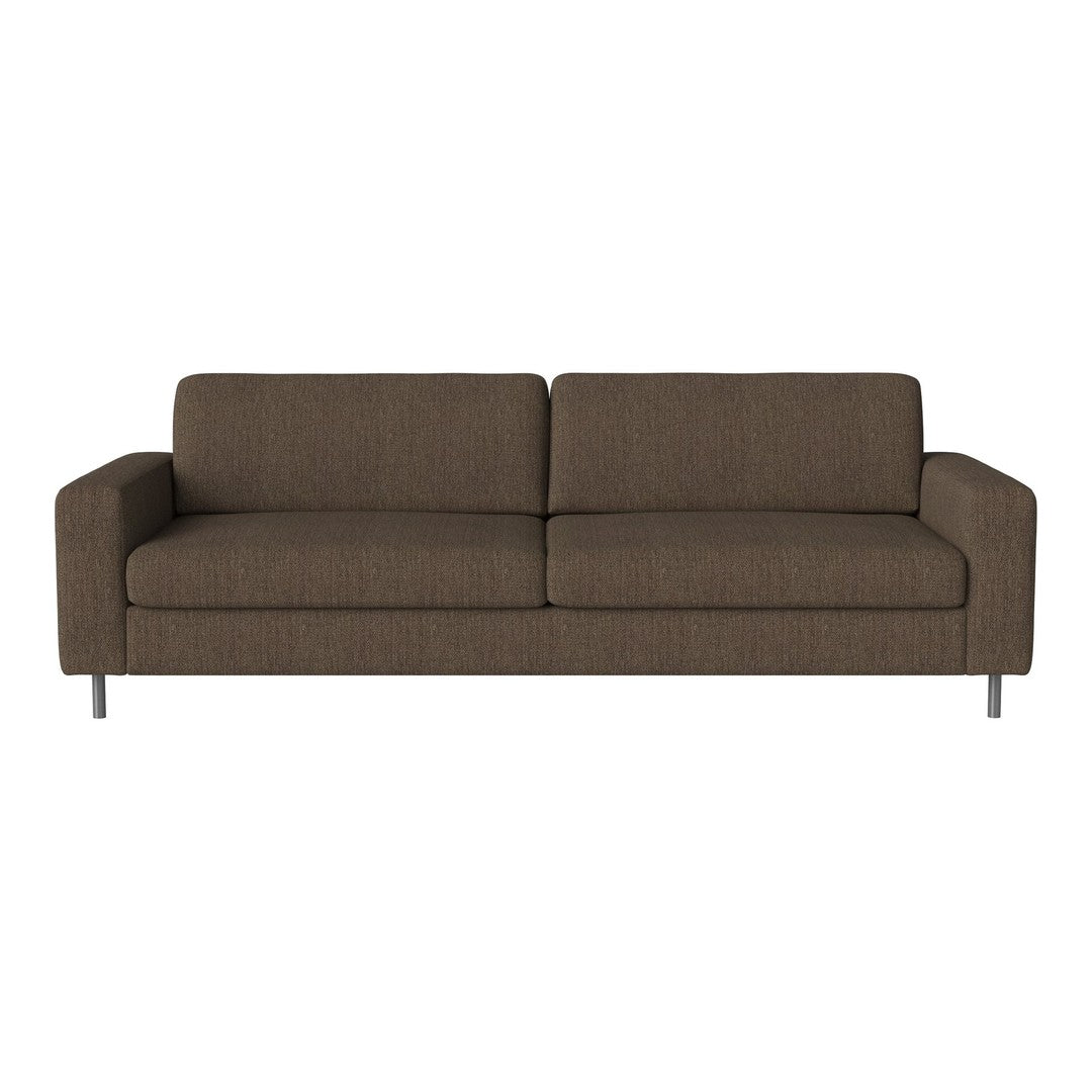 Brown fabric sofa with a smooth, modern design and clean lines, perfect for contemporary living spaces.