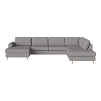 Gray sectional sofa with a modern design and clean lines, featuring fabric upholstery and wooden legs.