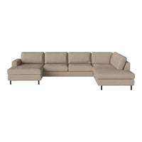 Beige sectional sofa with smooth fabric and modern, minimalist design, featuring clean lines and black metal legs.