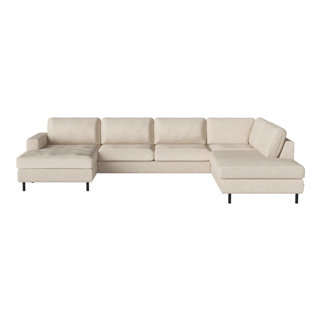 Beige sectional sofa with sleek lines and a modern design, featuring a smooth fabric texture and subtle stitching details.