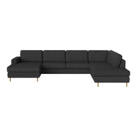 Modern sectional sofa in dark gray fabric with clean lines and wooden legs for a sleek, contemporary look.