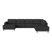 Dark gray sectional sofa with sleek lines and a modern design, featuring a minimalist aesthetic and no visible patterns.