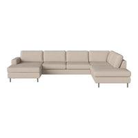 Beige sectional sofa with smooth upholstery and minimalist design, featuring sleek metal legs for a modern touch.