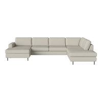 Light beige sectional sofa with smooth fabric and minimalist design, featuring subtle stitching and sleek metal legs.