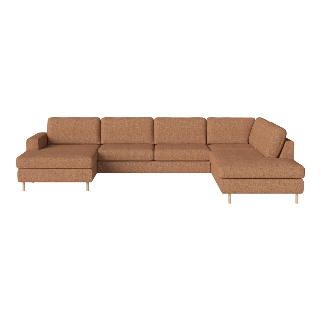 Brown fabric sectional sofa with a modern design and clean lines, featuring a smooth texture and minimalist style.