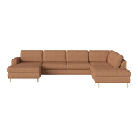 Brown fabric sectional sofa with a modern design and clean lines, featuring a smooth texture and minimalist style.