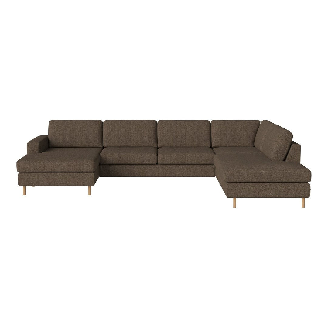 Brown fabric sectional sofa with clean lines and wooden legs, perfect for modern living spaces.