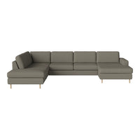 Gray sectional sofa with clean lines and a minimalist design, featuring solid color upholstery and natural wood legs.