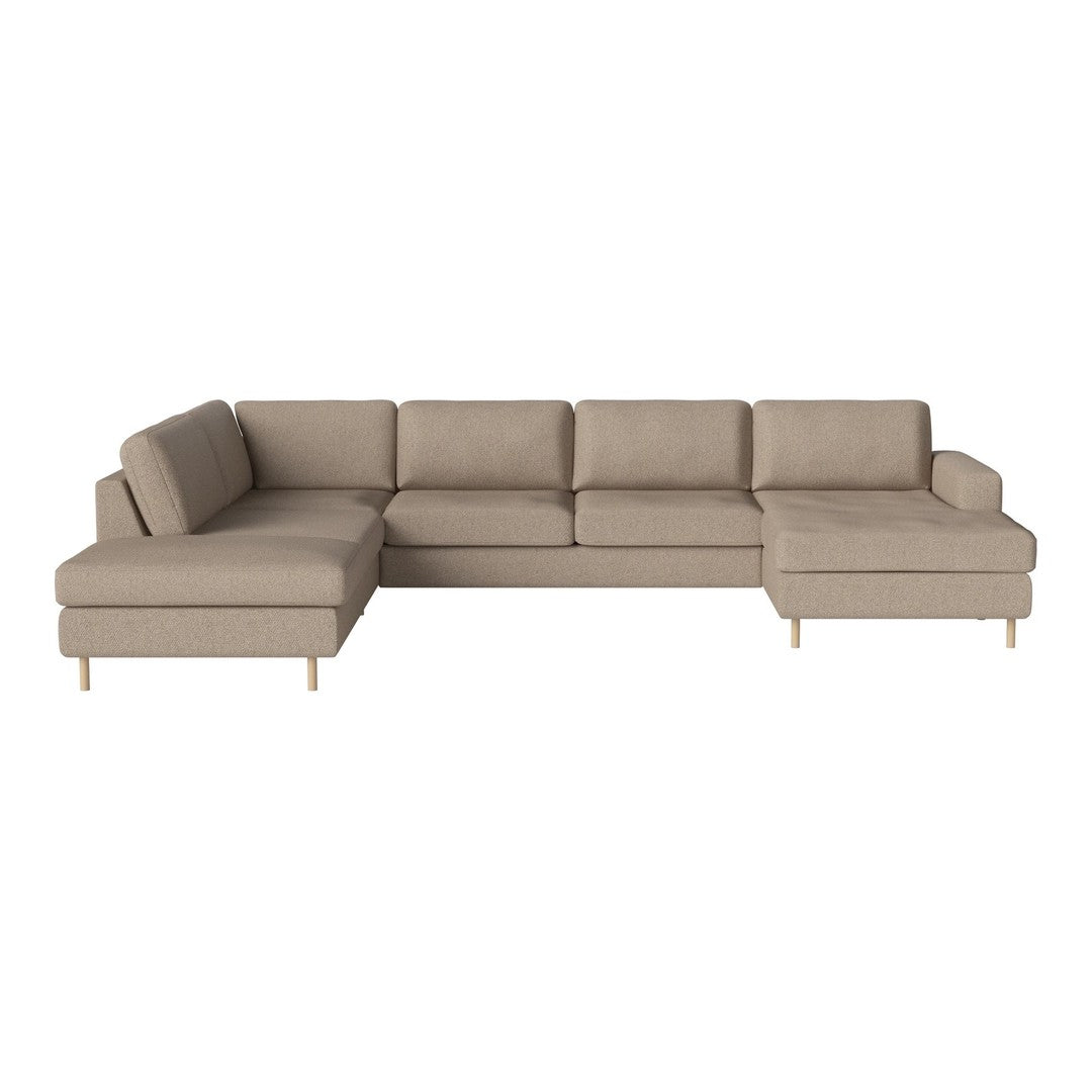 Beige L-shaped sectional sofa with a smooth fabric finish and minimalist design, featuring light wooden legs.