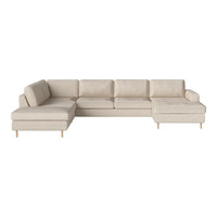 Beige sectional sofa with minimalist design and subtle linen texture, featuring light wood legs for a modern touch.