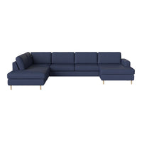 Navy blue sectional sofa with a modern design and clean lines, featuring solid fabric upholstery and wooden legs.