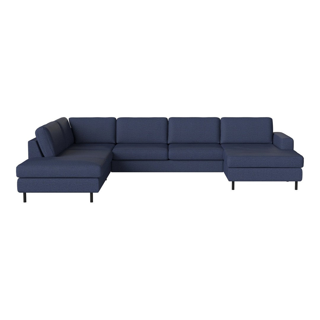 Navy blue sectional sofa with a sleek, modern design and smooth fabric upholstery.