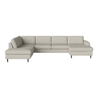 Light beige L-shaped sectional sofa with clean lines and minimalist design, perfect for modern living spaces.