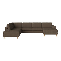 Brown sectional sofa with a textured fabric and minimalist design, featuring wooden legs and wide seat cushions.