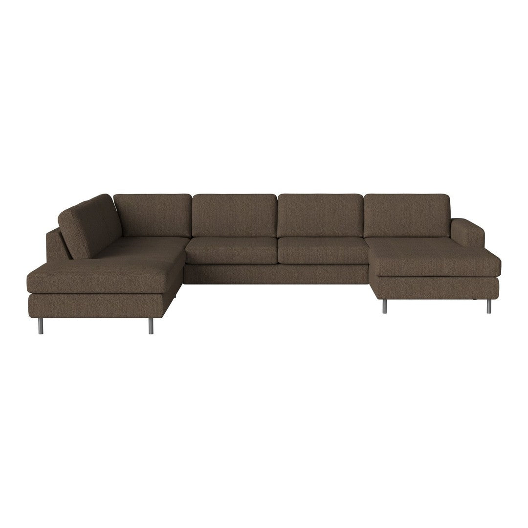 Brown sectional sofa with a modern design, featuring a textured fabric and clean lines for a contemporary look.