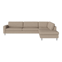 Beige sectional sofa with clean lines and a minimalistic design, featuring smooth upholstery and metallic legs.