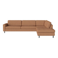 Brown fabric sectional sofa with a modern design, featuring clean lines and minimalistic style.