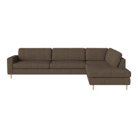 Brown fabric sectional sofa with smooth lines and minimalist design, featuring light wooden legs. Perfect for modern decor.