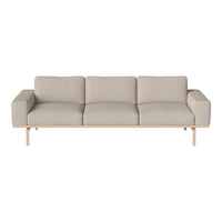 Light beige three-seater sofa with a textured fabric and minimalist wooden frame. Ideal for modern decor.