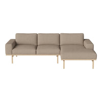 Beige linen fabric sectional sofa with clean lines and light wooden legs for a modern look. Ideal for any living space.