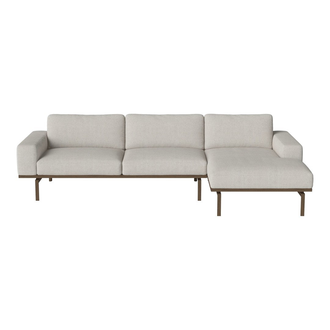 Modern light gray sectional sofa with clean lines and subtle texture, featuring a sleek metal base.
