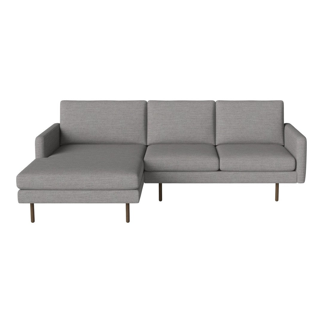 Gray fabric sectional sofa with clean lines and modern style, featuring a minimalist design and tapered legs.