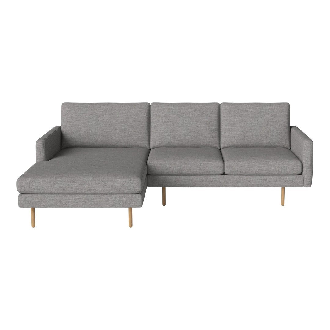 Gray fabric chaise lounge sofa with a sleek modern design and natural wood legs, perfect for contemporary living spaces.