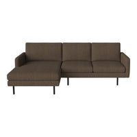 Brown fabric sectional sofa with minimalist design and subtle texture, featuring black metal legs for modern aesthetic.