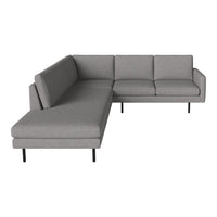 Modern grey sectional sofa with clean lines and minimalist design, featuring smooth fabric and subtle texture patterns.