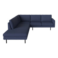 Navy blue sectional sofa with sleek lines and minimalist design, perfect for modern living spaces.