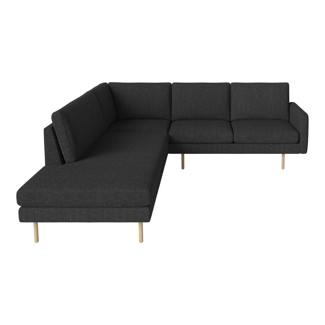 Modern gray sectional sofa with a textured fabric and light wooden legs, featuring a minimalist design.