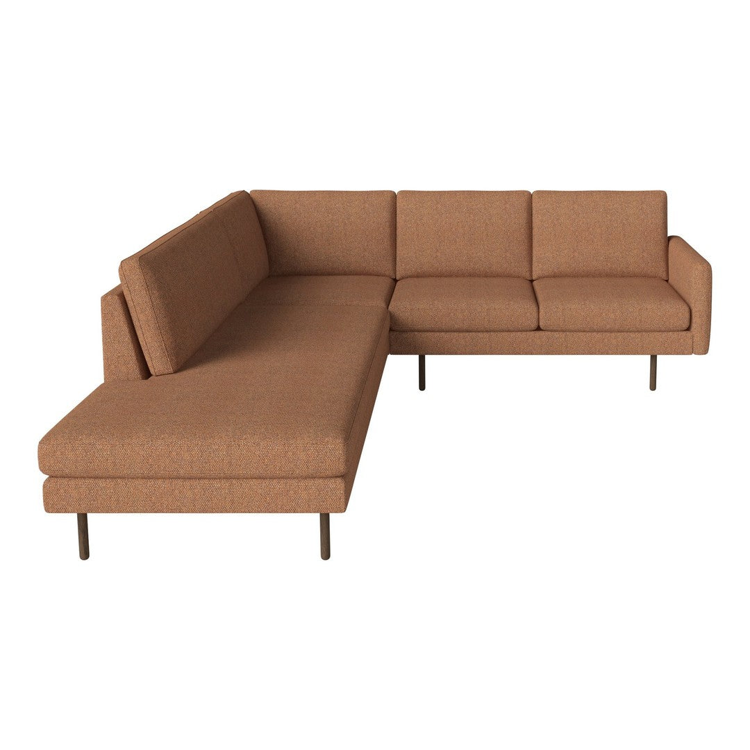 Brown sectional sofa with a modern design, featuring a textured fabric and sleek metal legs. Perfect for stylish interiors.