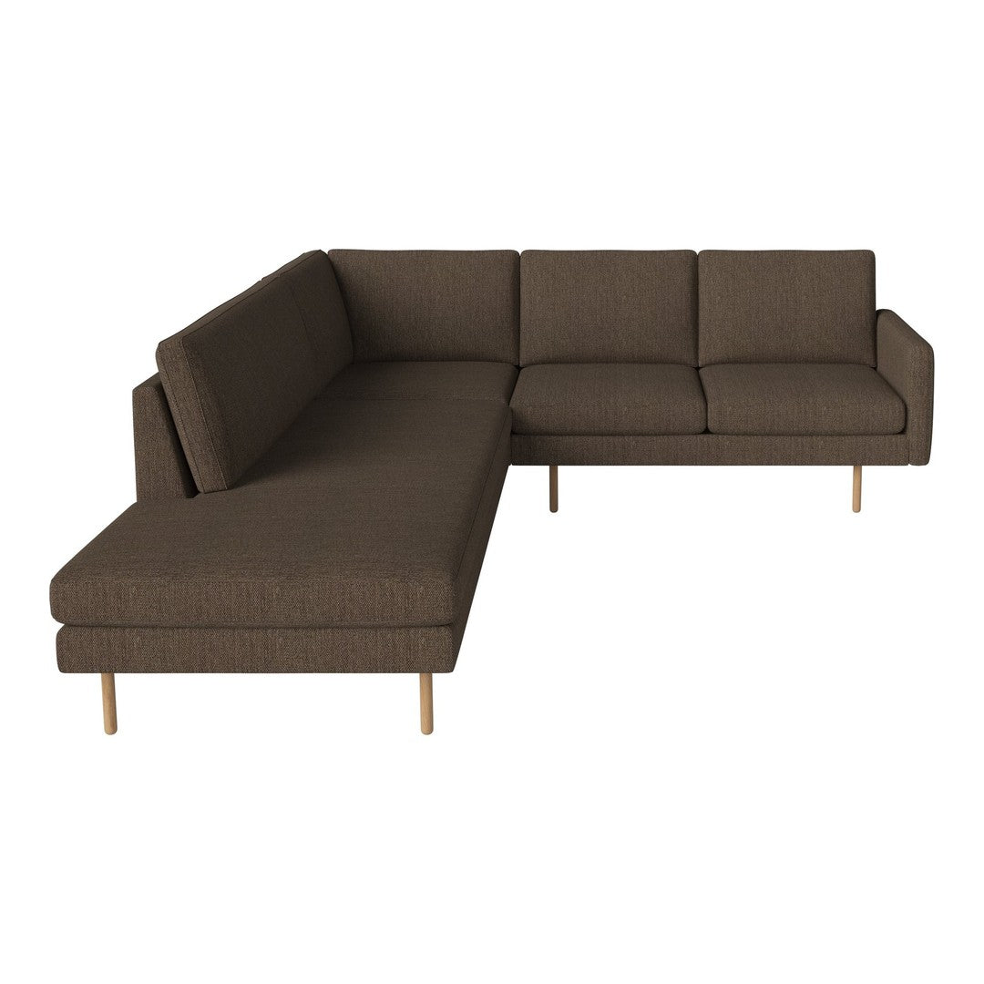Brown L-shaped sofa with a textured fabric and light wooden legs, featuring a minimalist design. Ideal for modern interiors.