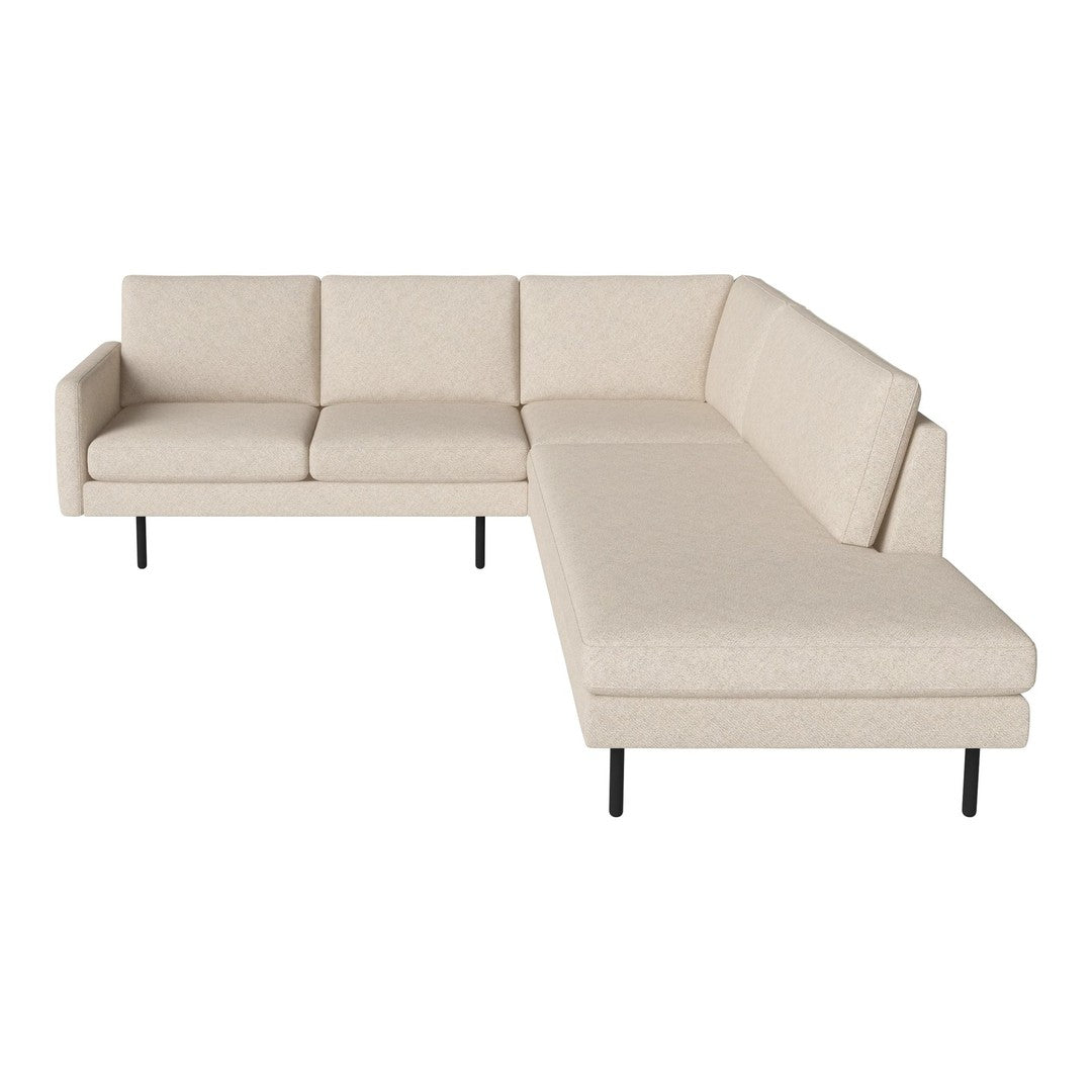 Beige sectional sofa with a smooth, minimalist design and subtle texture, perfect for modern living spaces.