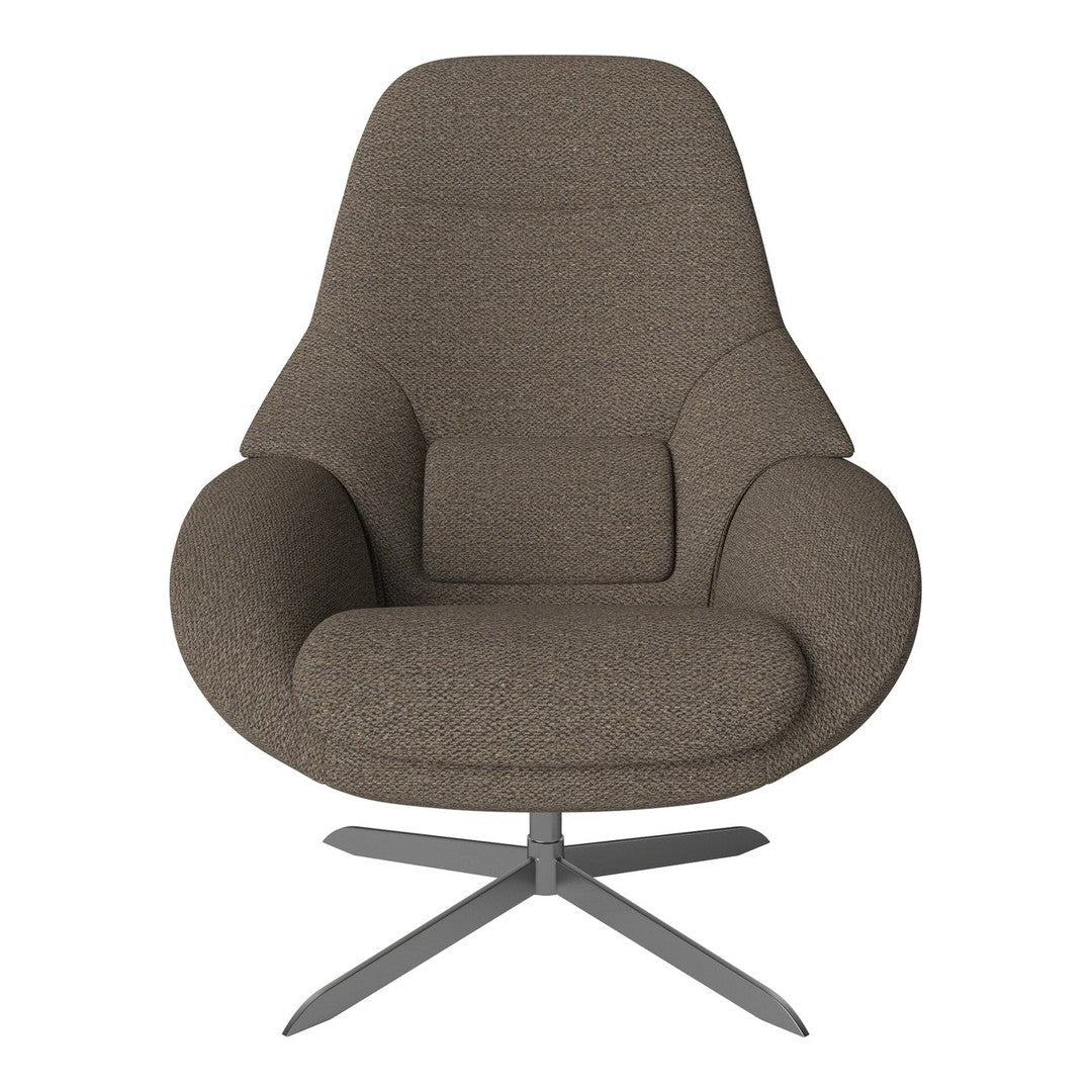 Brown textured fabric armchair with a modern, sleek design and a silver metal base. Ideal for stylish interiors.