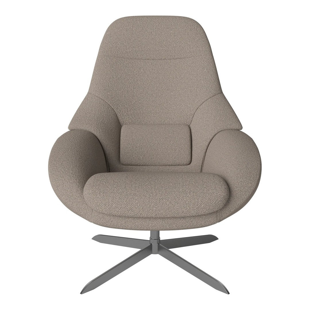 Beige upholstered chair with a smooth, minimalist design and a silver metal base. Ideal for modern decor.