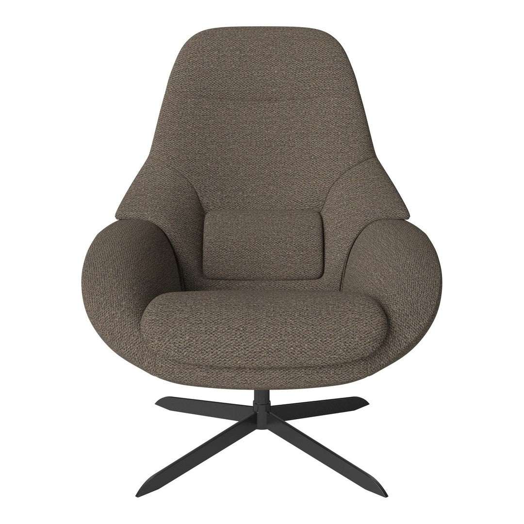 Stylish brown upholstered chair with a smooth texture and sleek black metal base, perfect for modern interiors.