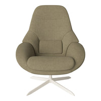 Olive green chair with a modern, smooth fabric and a minimalist design, featuring a circular base and plush cushioning.